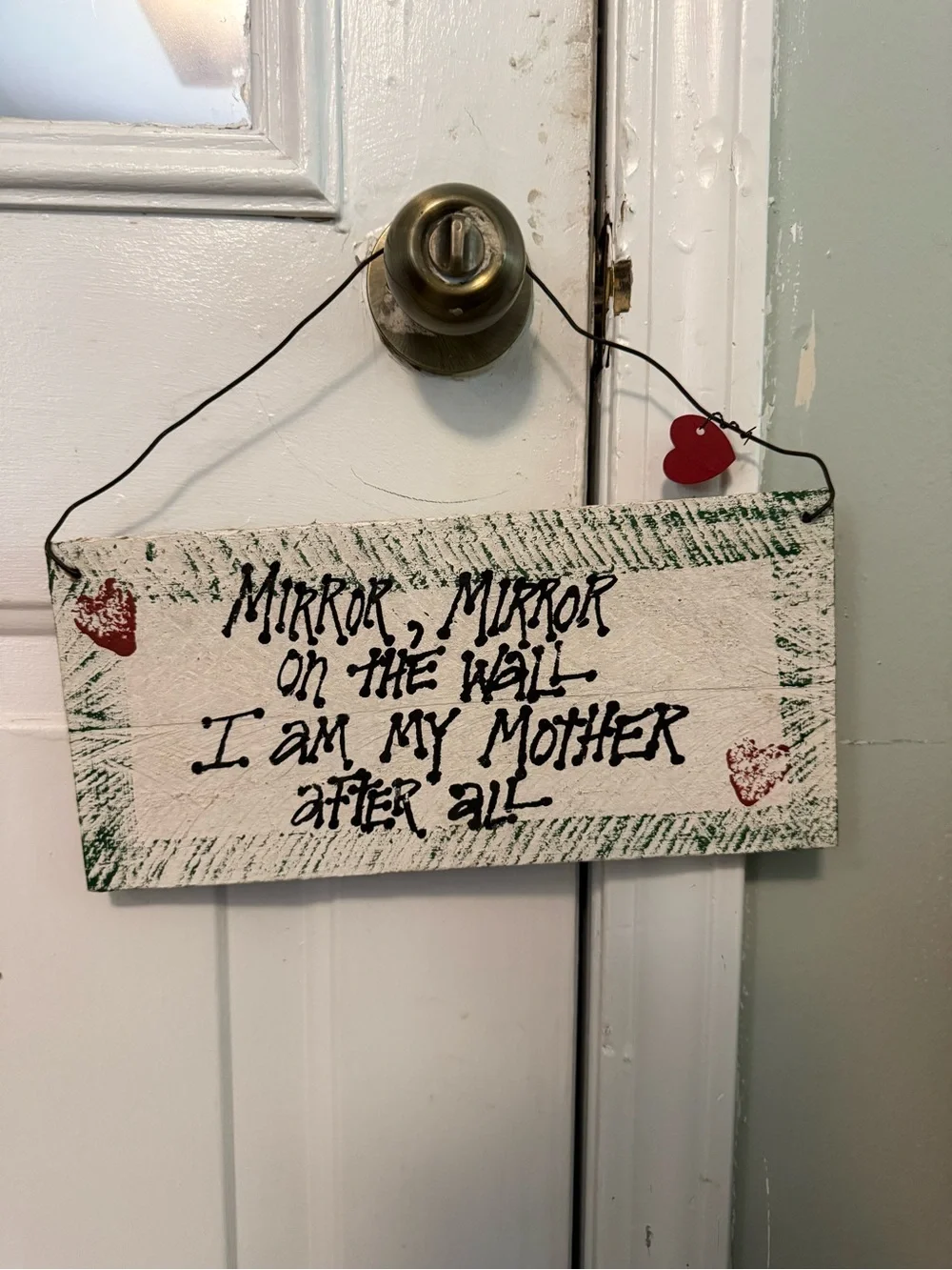 Vintage White and Green Rustic Wall Plaque with Red Heart Accents